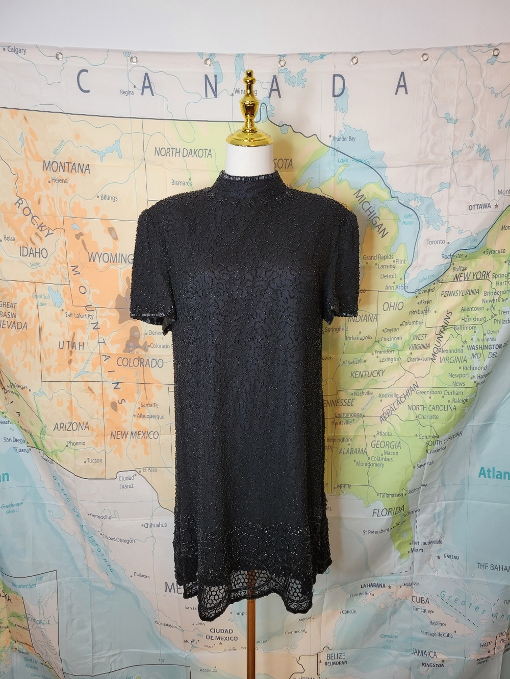 Scala Women's Black Silk Beaded Dress High Neck Short Sleve Size XL